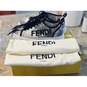 FENDI Women, WHITE AND GRAY PLATFORM LOGO SNEAKER SIZE 37 Used With Box